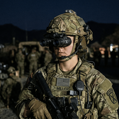 night vision goggles used by us military soldier stands armed during nighttime field operation briefing