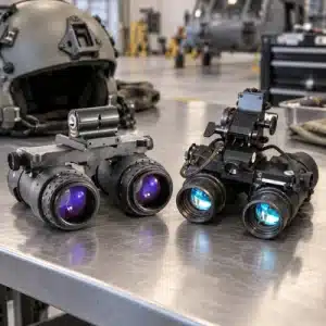 Two aviation night vision goggle systems are displayed beside a flight helmet on a workbench for comparison with ANVIS 10 technology