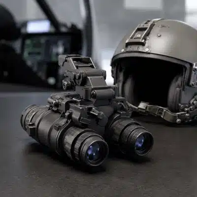Helmet mounted night vision goggles sit on a table beside a flight helmet in an aviation setting.