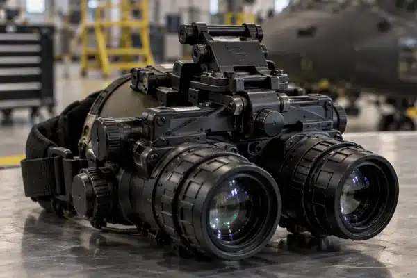 A pair of aviation night vision goggles with image intensifier tube components sits on a metal workbench inside an aircraft maintenance facility