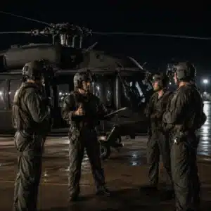 an aviation crew discussing night vision goggle online training and mission safety beside a helicopter at night