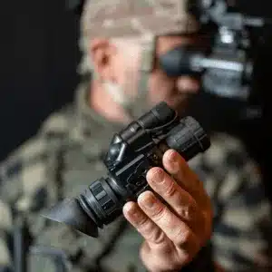 Military professional examines handheld ir vision goggles unit before attaching it to helmet