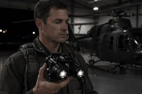 A pilot inspects white phosphor night vision goggles inside a dim aircraft hangar with a helicopter behind him