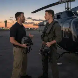 A flight instructor and pilot discuss aviation gear beside a helicopter during NVG training in Orlando at dusk