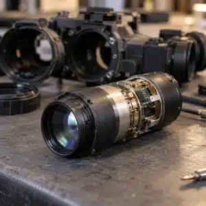 A disassembled image intensifier tube with exposed electronic components and optical lenses rests on a metal workbench beside night vision goggle housings