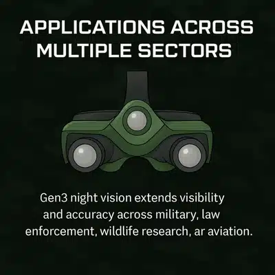 Illustration explains gen 3 night vision gear use across sectors like military, law, and research