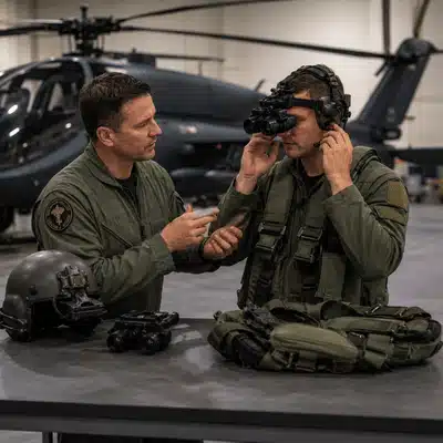 Two pilots review night vision equipment during an NVG training course inside a helicopter hangar