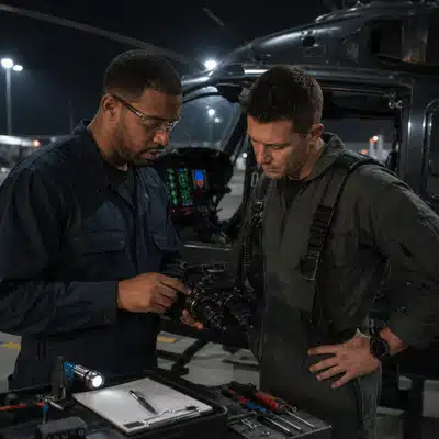 An aviation technician and pilot inspect white phosphor night vision goggles beside a helicopter at night.