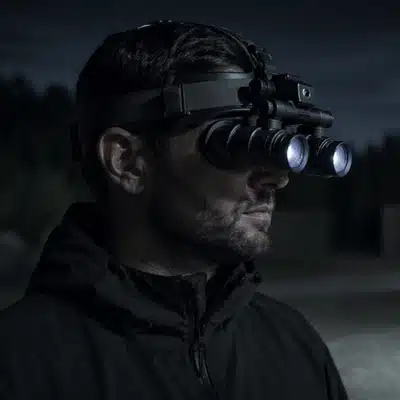 An operator wears white phosphor night vision goggles while scanning a dark outdoor training field at night
