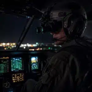 A pilot wears gen 3 night vision goggles while operating an aircraft at night with illuminated cockpit instruments