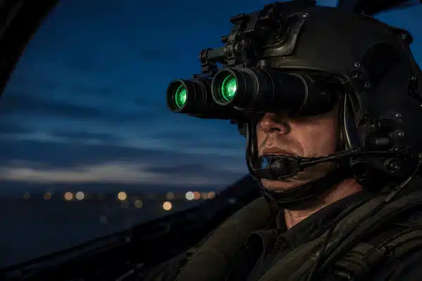 A pilot wears helmet mounted night vision goggles inside an aircraft cockpit during a dark night flight.
