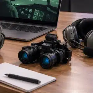 Night vision goggles, a headset, and a laptop are arranged on a desk for an NVG online training lesson