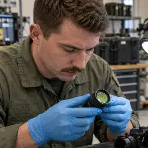 An aviation technician wearing blue protective gloves carefully examines an image intensifier tube during a night vision equipment inspection at a maintenance workstation