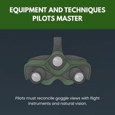 Illustration showing pilot night vision goggles with text about mastering equipment and flight techniques