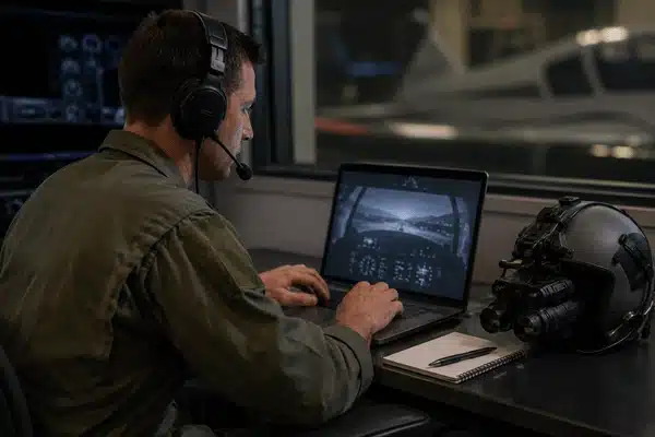 A pilot completes NVG online training on a laptop while a flight helmet with night vision goggles rests beside him.