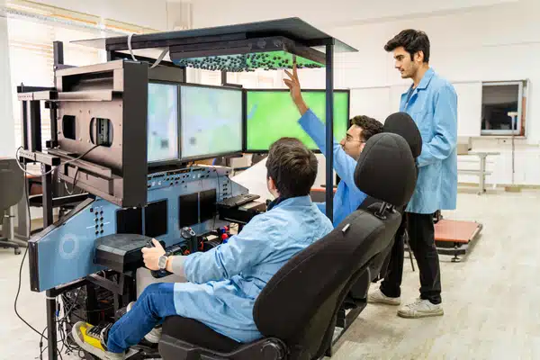 Students operate advanced flight simulator rig, practicing procedures and teamwork under instructor supervision inside classroom