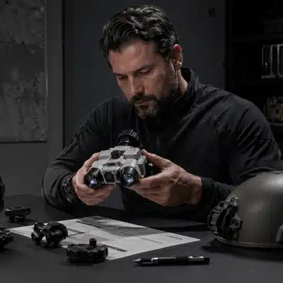 A specialist reviews white phosphor night vision goggles at a tactical workspace with a helmet and equipment nearby