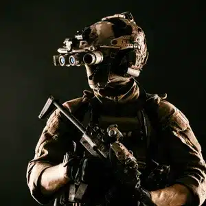 Armed tactical operator equipped with ir vision goggles prepares for high-risk nighttime combat mission
